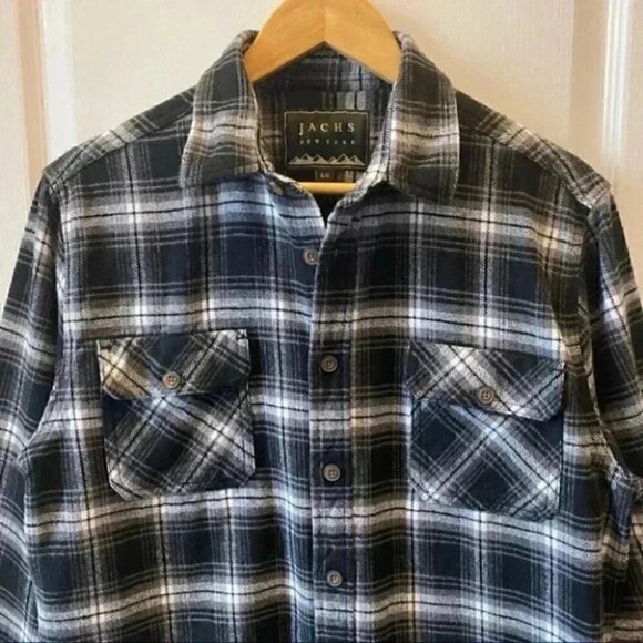 Jachs Mens Flannel Shirt Button Front Long Sleeves Plaid Black White Medium - Picture 4 of 16